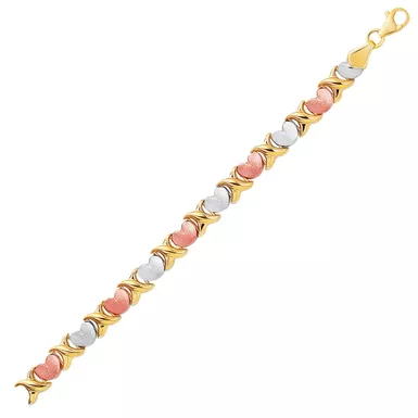 14k Tri Color Gold Fancy Satin Heart Line Bracelet (7.25 Inch)