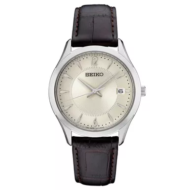 Seiko - Mens Essentials Silver & Brown Leather Strap Watch White Dial