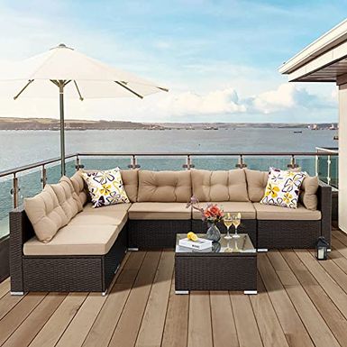 image of YITAHOME Patio Furniture Set,7-Piece All-Weather Rattan Patio Conversation Set with Washable Soft Cushion,Pillows and Coffee Table,Water-Resistant Outdoor Sectional Sofa for Garden, Balcony, Backyard with sku:b08xxkbfrh-yit-amz