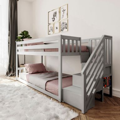 image of Max and Lily Twin over Twin Low Bunk Bed with Staircase - Grey with sku:e-wlk-b4enllinzbdtk3nwstd8mu7mbs-overstock