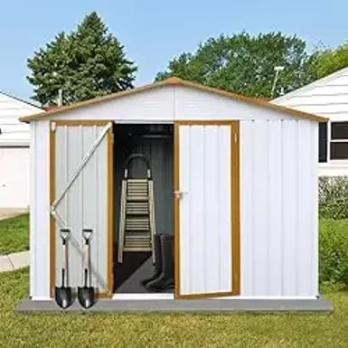 image of sakulawa 6FTx8FT Storage Shed, Lockable Outdoor Storage Shed, Shutter Vents Metal Shed Frame, Steel Storage House, Lockable Door, Waterproof Roofs, Backyard Patio Lawn, White + Offee with sku:b0cz8t7d1r-amazon
