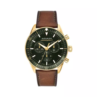 image of Movado - Mens Heritage Calendoplan S Chronograph Brown Strap Watch Green Dial with sku:3650122-powersales