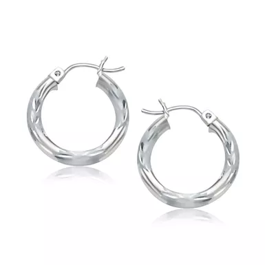 14k White Gold Hoop Earrings with Diamond Cuts (15mm)