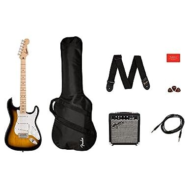 image of Squier Sonic Stratocaster Electric Guitar Pack, 2-Color Sunburst, Maple Fingerboard, with Gig Bag, 10G Amp, and accessorires with sku:b0bvgpsjlc-amazon
