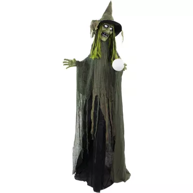 Life-Size Animatronic Witch with Crystal Ball, Lights and Sound, Indoor/Covered Outdoor Halloween Decoration