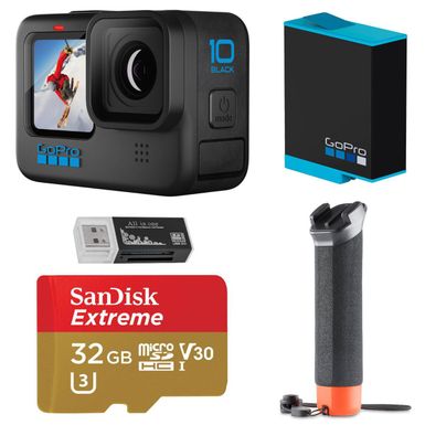 image of GoPro HERO10 Black, Waterproof Action Camera, 5.3K60/4K Video, 1080p Live Streaming, Starter Bundle with Extra Battery, Floating Hand Grip, 32GB microSD Card, Card Reader with sku:gphero10i-adorama