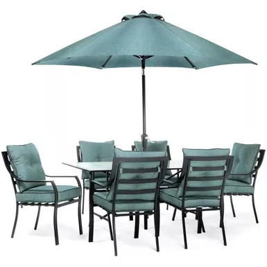image of 7pc Dining Set: 6 Chairs, 1 Table, 1 Umbrella, 1 Umbrella Base with sku:lavdn7pc-blu-su-almo
