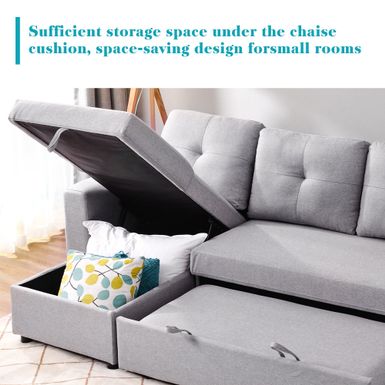 90" Reversible Pull out Sleeper L-Shaped Sectional Storage Sofa Bed,Corner sofa-bed with Storage Chaise Left/Right Handed - Grey