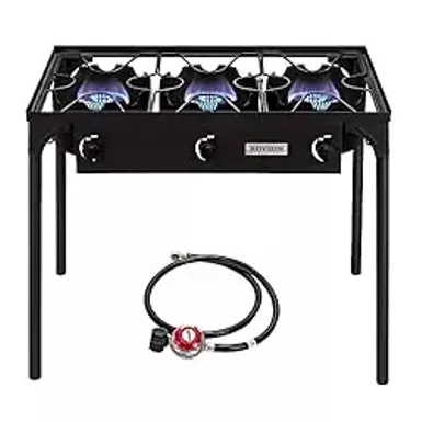 image of ROVSUN 3 Burner Outdoor Propane Gas Stove with Regulator, High Pressure 225,000 BTU Stand Cooker for Backyard Cooking Camping Home Brewing Canning Turkey Frying with sku:b07ny8hxs5-amazon