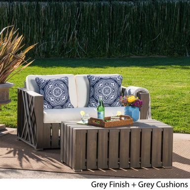 image of Cadence Outdoor 2-piece Acacia Wood Loveseat and Coffee Table Set with Cushions by Christopher Knight Home - Grey with sku:ysenom-ksgks6bfu6z3qqgstd8mu7mbs-overstock