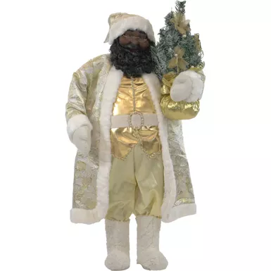 Fraser Hill Farm 36" African American Santa in White/Gold Outfit with Christmas Tree (Music)