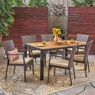 image of Goodwin Outdoor 6-Seater Rectangular Acacia Wood and Wicker Dining Set by Christopher Knight Home - Teak + Black + Brown + Cream Cushion with sku:z5_7ugintpdmjojpscgk_wstd8mu7mbs-chr-ovr