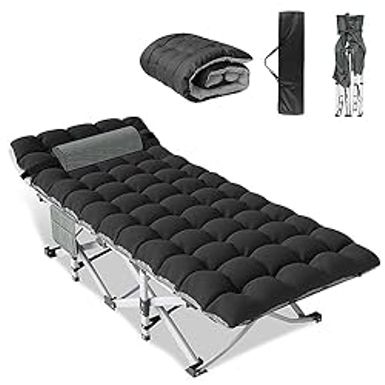 image of Slendor Folding Camping Cot with Mattress for Adults, 74 L x 28 W x 15 H, Camp Cot w/Pillow, Storage Bag, Sleeping Cot Bed for Tent, Office, Outdoor, Striated Gray Cot, Gray+Black Pad, 500lbs Load with sku:b0ccd4q6k4-sle-amz