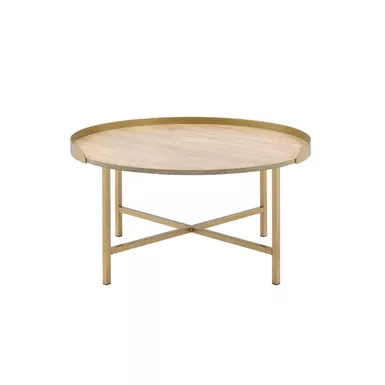 ACME Mithea Coffee Table, Oak Table Top & Gold Finish