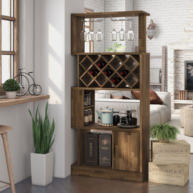 image of DH BASIC Contemporary Dual-Side Access Lattice 11-Bottle Wine Rack and Cabinet by Denhour - Light Hickory with sku:u0eelcb9_i9rnhgzsm13tqstd8mu7mbs-overstock