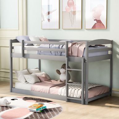 image of Nestfair Twin over Twin Floor Bunk Bed with Ladder - Grey with sku:k_ks_f6ff-1aacujyont1gstd8mu7mbs--ovr