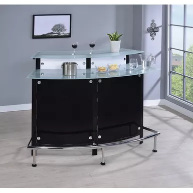 image of Arched 1-shelf Bar Unit with Glass Counter Tops Glossy Black, Chrome, Frosted and Clear with sku:100139-coaster