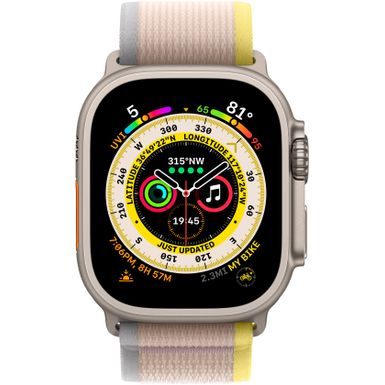 Angle Zoom. Apple Watch Ultra (GPS + Cellular) 49mm Titanium Case with Yellow/Beige Trail Loop - M/L - Titanium