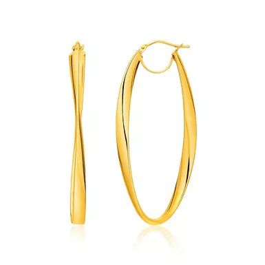 14k Yellow Gold Twist Motif Oval Shape Hoop Earrings