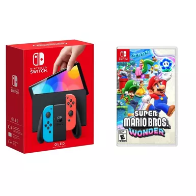 image of Nintendo - Switch OLED Neon (Red/Blue) + Super Mario Wonder BUNDLE with sku:nswolnesmw-floridastategames