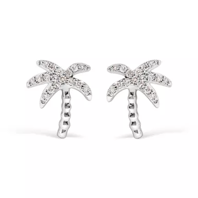 10K White Gold 1/10 Cttw Diamond Encrusted Palm Tree Stud Earrings (H-I Color, I1-I2 Clarity)