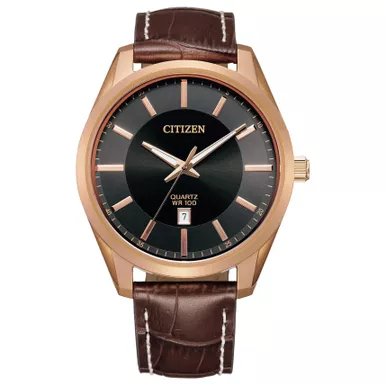 image of Citizen - Mens Rose Gold Quartz Leather Strap Watch Black Dial with sku:bi1033-04e-powersales