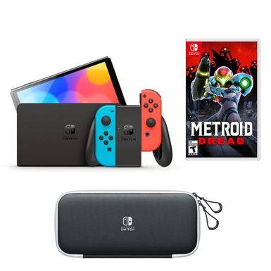 image of Nintendo Switch 64GB OLED Console with Neon Red and Neon Blue Joy-Con Controllers Bundle with Carry Case & Screen Protection, Metroid Dread with sku:niswioldrbak-adorama