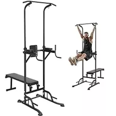 VEVOR Power Tower with Bench, 10-Level Height Adjustable Pull Up Bar Stand Dip Station & Detachable Bench, Multi-Function Home Gym Strength Training Fitness Equipment with Backrest, Elbow Pads, 440LBS