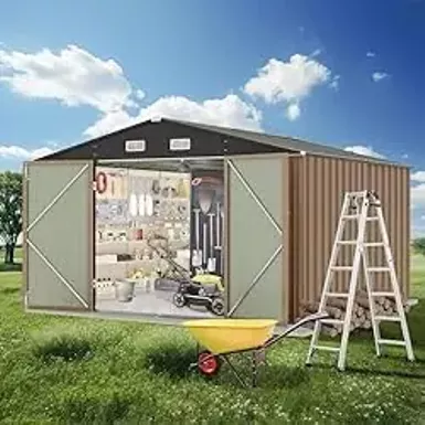 image of Zstar 10 x 8 FT Storage Shed Outdoor with Floor Frame, Waterproof Metal Garden Sheds with Lockable Door Design and Sloping Roof, Outdoor Shed for Garden Backyard Patio Lawn, Brown with sku:b0d2nczysx-amazon