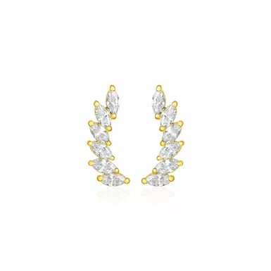 14k Yellow Gold Leaf Motif Climber Post Earrings with Marquise Cubic Zirconias