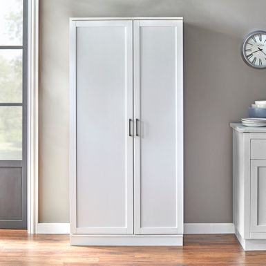 image of Simple Living Lawrence Tall Pantry Cabinet - White with sku:ktrzrf9vwzvzesar6bpuiastd8mu7mbs-tms-ovr