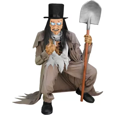 Motion Activated Crouching Grave Digger by Tekky, Premium Talking Halloween Animatronic, Plug-In or Battery