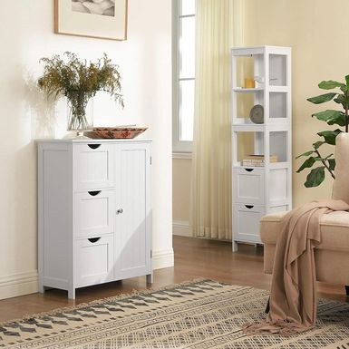 image of 23.6 in. White Freestanding Bathroom Linen Cabinet with 3-Drawers - White - Wood Finish with sku:0p52yavhrak66ngeigka_gstd8mu7mbs--ovr