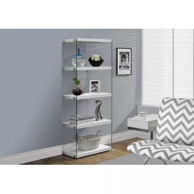 image of Bookshelf/ Bookcase/ Etagere/ 5 Tier/ 60"H/ Office/ Bedroom/ Tempered Glass/ Laminate/ Glossy White/ Clear/ Contemporary/ Modern with sku:i-3289-monarch