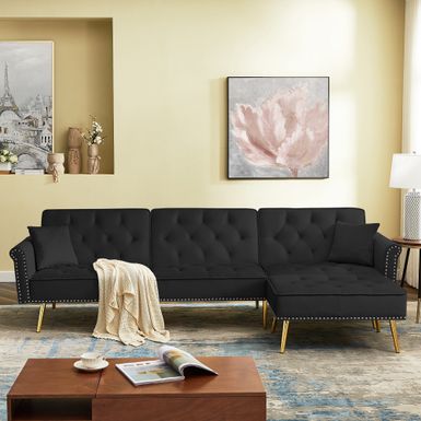 image of Velvet Upholstered Reversible Sectional Sofa Bed  L-Shaped Couch - Black with sku:hmdzvuifwq4lgga11h__lqstd8mu7mbs--ovr