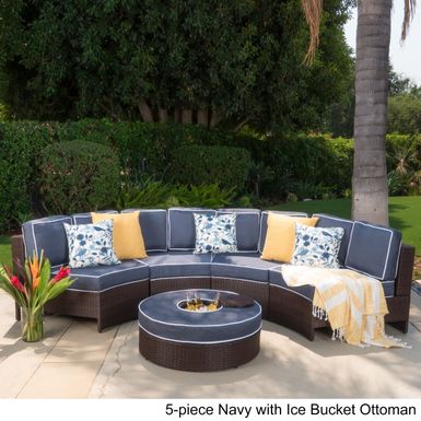 Madras Tortuga Outdoor Wicker Sectional Set with Ottoman by Christopher Knight Home - 8-piece Navy with Ottoman