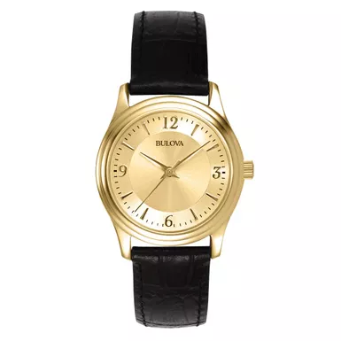 Bulova - Corporate Ladies Gold-Tone Black Leather Strap Watch Gold Dial