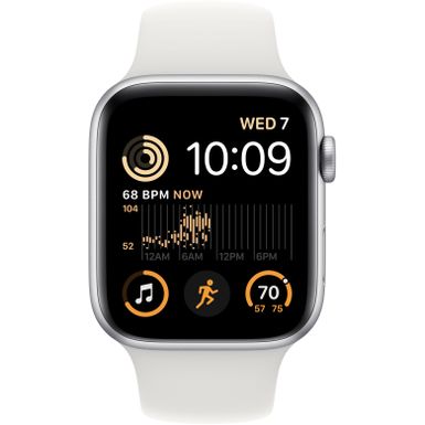 Angle Zoom. Apple Watch SE 2nd Generation (GPS) 44mm Aluminum Case with White Sport Band - S/M - Silver