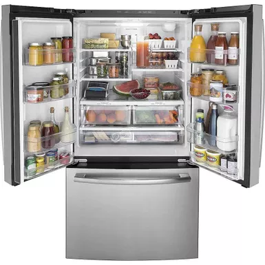 image of GE - 27.0 Cu. Ft. French Door Refrigerator with Internal Water Dispenser - Stainless Steel with sku:gne27jymfss-abt