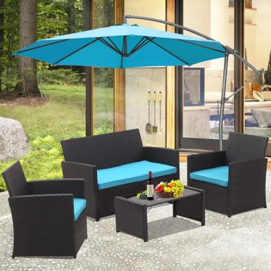image of Ainfox 4 Pcs Rattan Sofa Set Patio Furniture - Blue with Umbrella with sku:yalw0swllhwecfohc9mxkgstd8mu7mbs--ovr