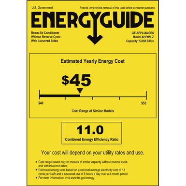 Energy Guide. GE - 150 Sq. Ft. 5,000 BTU Window Air Conditioner with Remote - White