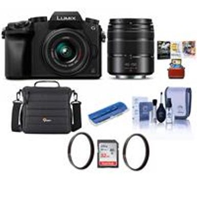 image of Panasonic Lumix DMC-G7 Mirrorless Camera with Lumix G Vario 14-42mm and 45-150mm Lenses Lens, Black - Bundle with Camera Case, 32GB SDHC Card, 46mm/52mm UV Filters, Mac Software Pack And More with sku:ipcdmcg7k2am-adorama