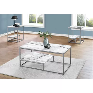 image of Table Set/ 3pcs Set/ Coffee/ End/ Side/ Accent/ Living Room/ Metal/ Laminate/ White Marble Look/ Grey/ Contemporary/ Modern with sku:i-7963p-monarch