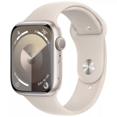 image of Apple Watch Series 9 GPS 45mm Aluminum Case with Starlight Sport Band (Medium/Large) - Starlight with sku:bb22269419-bestbuy
