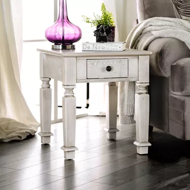 Transitional Wood 1-Drawer End Table in Antique White