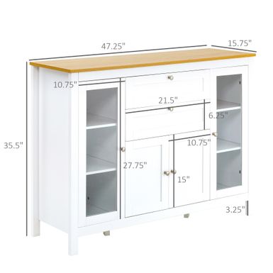 HOMCOM 47" Modern Buffet Cabinet, Storage Sideboard with Glass Door, Pull-Out Drawers and Adjustable Shelving for Kitchen - White