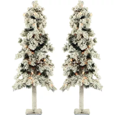 Fraser Hill Farm 4.0' Snowy Alpine Tree on T-Base, Clear Lights, Set of 2