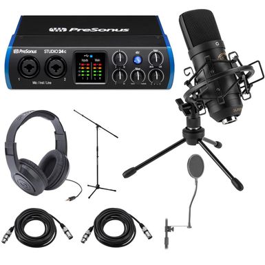 image of PreSonus Studio 24c 2x2 Portable Ultra-High Definition USB Type-C Audio/MIDI Interface - Bundle With H&A Cardioid Condenser Microphone, JamStands Tripod Mic Stand, Samson Stereo Headphones, And More with sku:prsst24ca-adorama