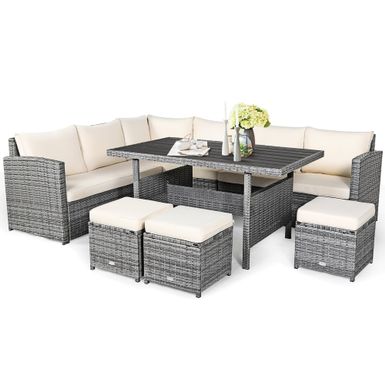 Costway 7 PCS Patio Rattan Dining Set Sectional Sofa Couch Ottoman - Grey