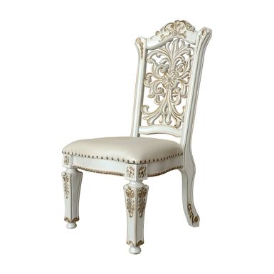 ACME Vendome Side Chair(Set-2), Synthetic Leather & Antique Pearl Finish